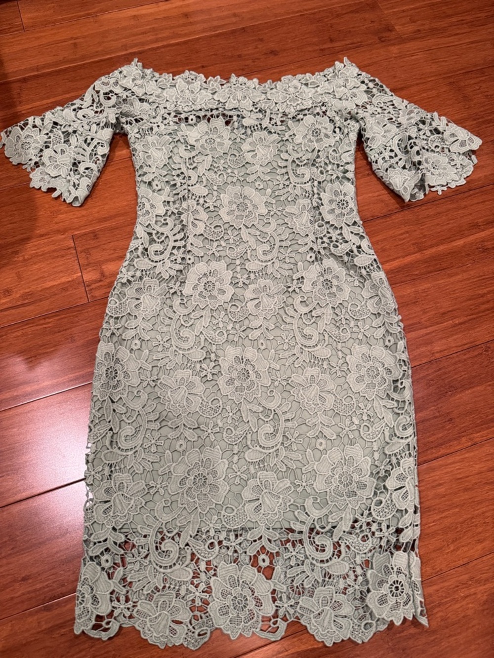 paper doll Sage Green Off-Shoulder Floral Lace Sheath Dress